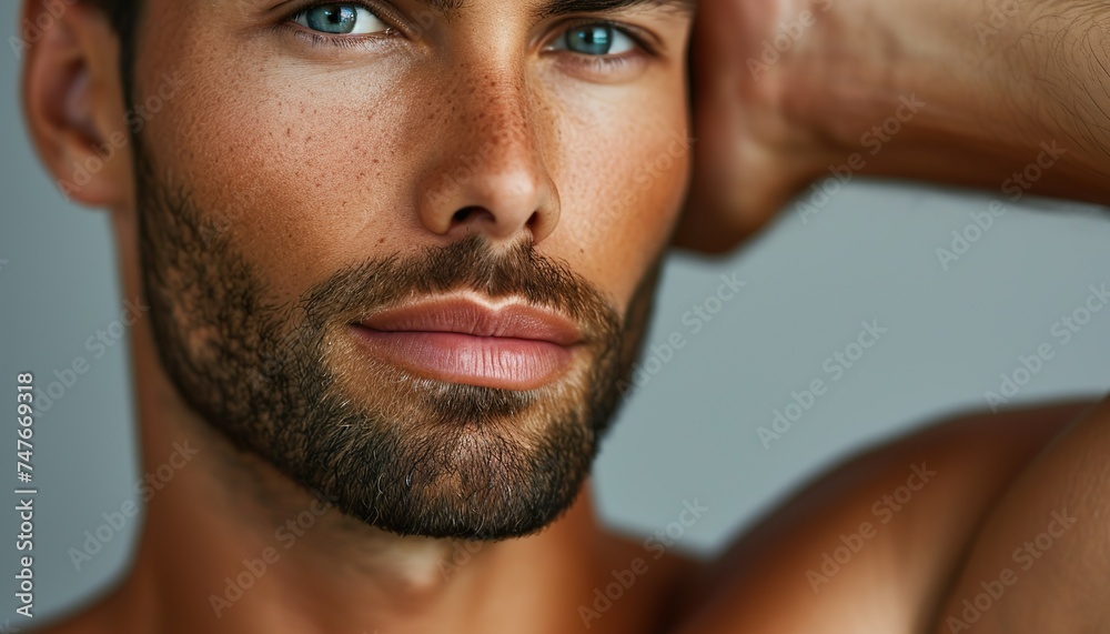 Fototapeta premium Close-Up of a Handsome Man's Face with Stubble