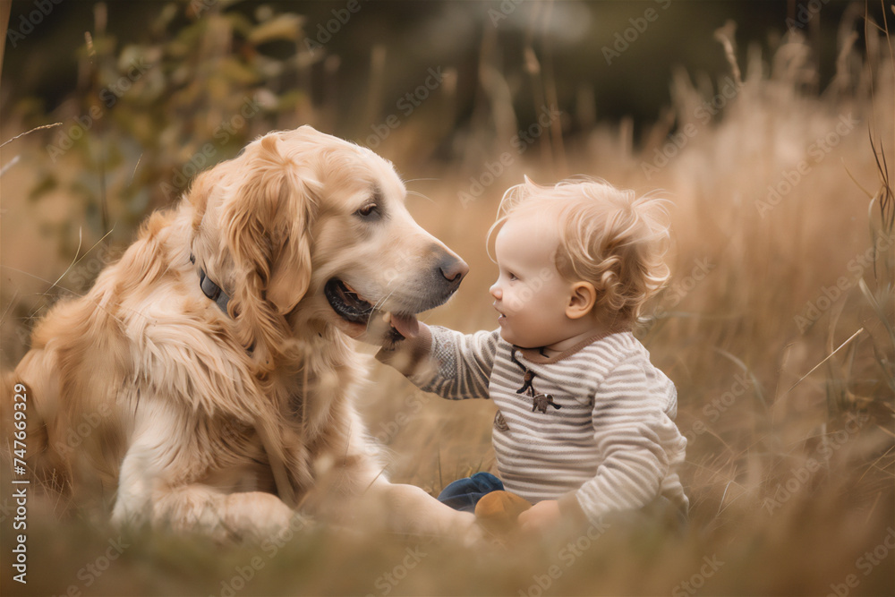 a Golden Retriever dog playing with a 2 year old child. a Golden Retriever dog playing with a 2 year old child.