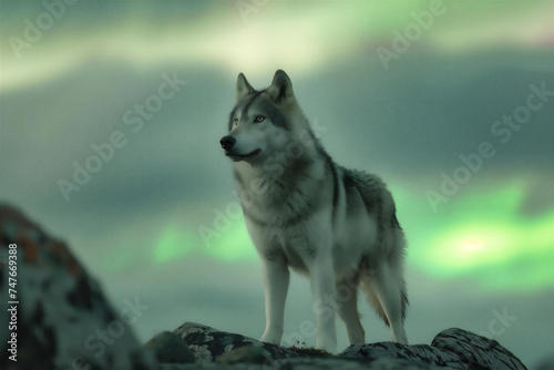 A dashing wolf stands on a rocky hill, the sky is full of beautiful auroras.