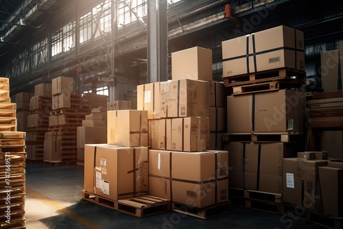 Goods packages lying on storehouse racks for transportation. Product in cardboard boxes on shelves in shop distribution department warehouse. Modern industry warehouse store at factory