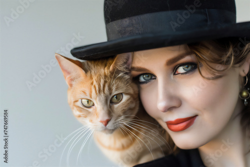 An orange cat stands on the head of a woman wearing a bowler hat.