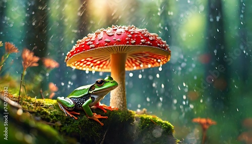 A green frog takes shelter under a red toadstool  surrounded by lush vegetation as raindrops