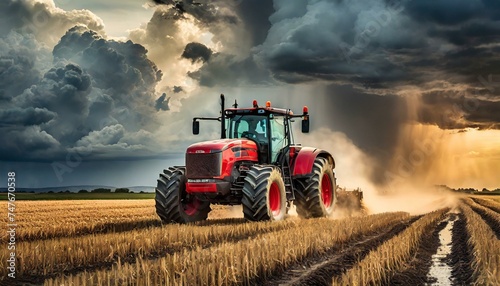 A powerful red tractor drives across a huge field under a dramatic stormy sky  highlighting