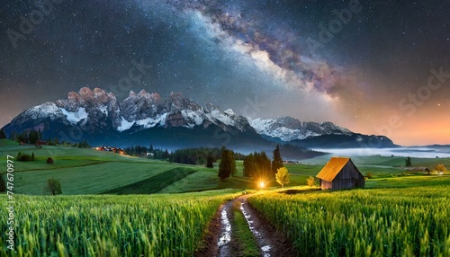 animal farm night with road lights in the starry sky; scenic arable and green field of a wild