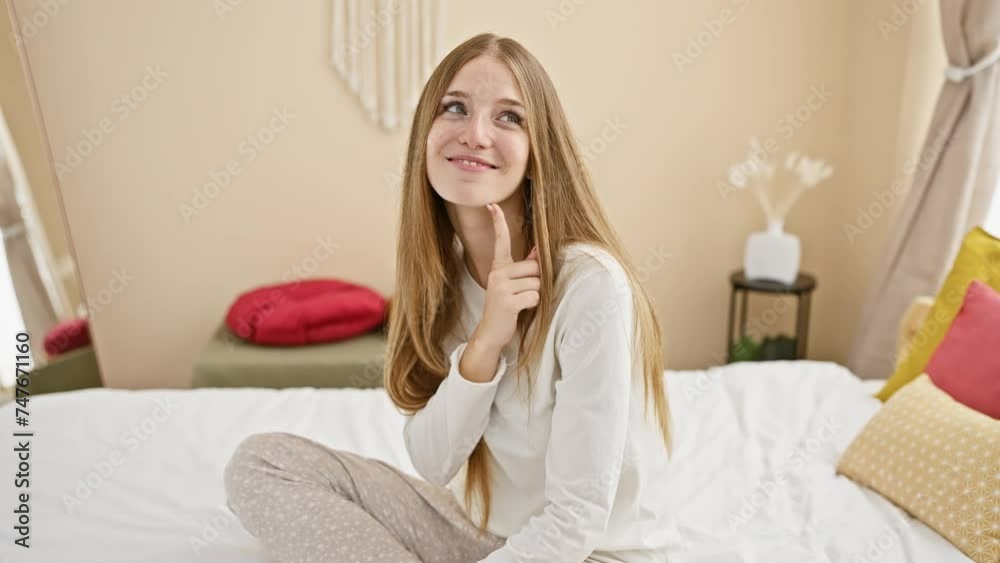 Thoughtful young blonde woman in pyjamas, sitting on bed in room, hand on chin, pensive face expression. thinking hard, looking up in wonder, mulling question. doubt filling the bedroom. Thoughtful young blonde woman in pyjamas, sitting on bed in room, hand on chin, pensive face expression. thinking hard, looking up in wonder, mulling question. doubt filling the bedroom.