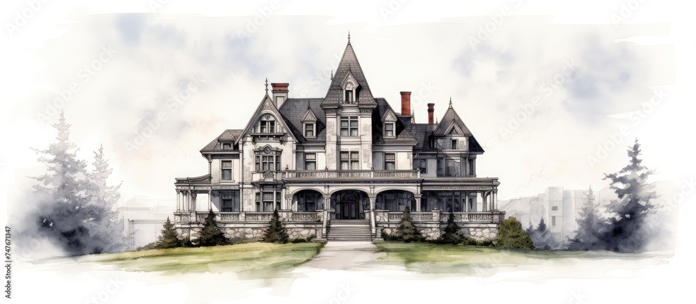 A detailed drawing of a grand mansion with a towering structure. The house is ornate and majestic, with intricate architectural detailing and a prominent tower reaching into the sky.