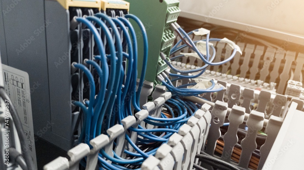 Fototapeta premium Wiring connection circuit to terminals relay switch contactor on the panel control.