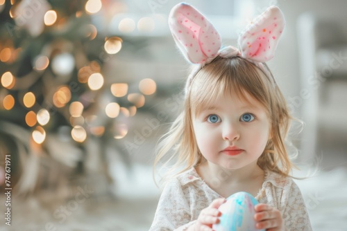 Adorable toddler girl with bunny ears holding easter eggs indoors