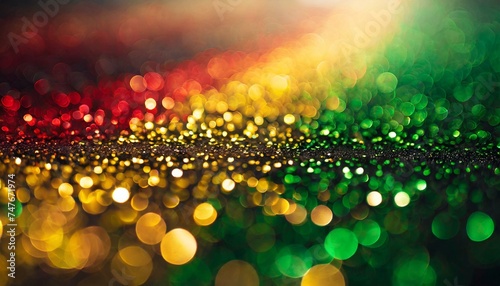 Blurred bokeh circle lights. Abstract colorful gradient green, yellow and red glitter sparkl photo