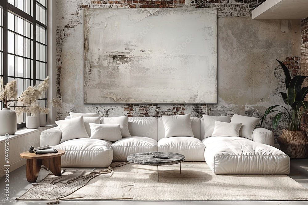 a modern white room with a white couch and coffee table in a living ...