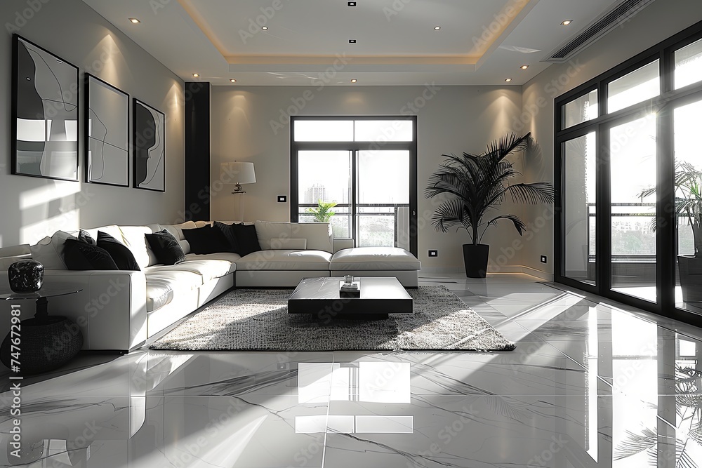 Fototapeta premium black and white living room, in the style of black background, varying wood grains, simplistic cartoon, digital minimalism, dark beige. Generative AI