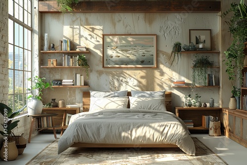 bedroom photo bed and grey frame on white floor, in the style of vray tracing, soft, romantic landscapes. Generative AI photo