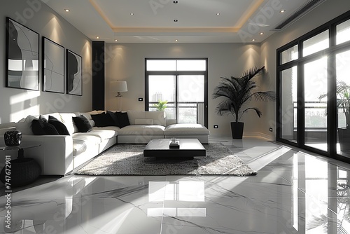 black and white living room, in the style of black background, varying wood grains, simplistic cartoon, digital minimalism, dark beige. Generative AI © Skiffcha
