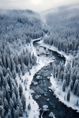 The Majestic Aerial View of a Winter Wonderland Forest with a Serene Meandering River