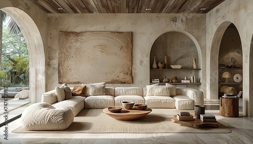 living room with wall art, in the style of pastel toned, arched doorways, minimalistic modern, beige, realistic, detailed rendering, nature-inspired, texture-rich. Generative AI