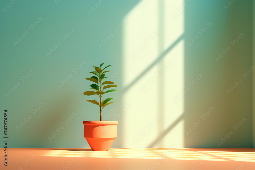 Minimalist Zen Greenery.
A single potted plant sits against a soft colored background with sunlight casting gentle shadows, perfect for peaceful and minimalist concepts.