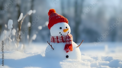 Frosty's Winter Smile. A charming snowman with a bright red hat and scarf stands against a snowy backdrop, bringing winter's joy. © Yuliia
