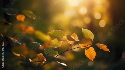 Sunset Sonata on Leaves. Sunset light softly kisses the leaves, creating a symphony of warm autumn hues in a peaceful setting.