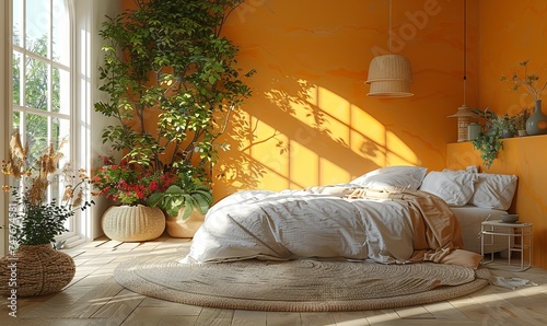 this is a beige bedroom with soft orange walls, in the style of photorealistic compositions, pink and beige, minimalistic modern. Generative AI