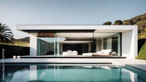 Modern villa with a minimalist exterior  incorporating clean lines and large glass panels