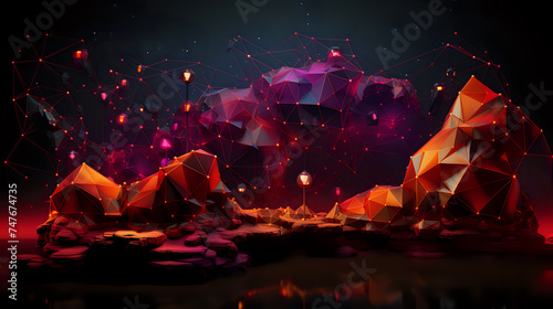 Digital Geometric Landscape at Night. A digitally crafted landscape with glowing geometric shapes, ideal for conceptual art, futuristic designs, and virtual environments.