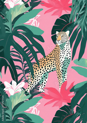 Exotic Jungle Safari: Leopard in Tropic, Wild Nature Paradise with Palm Leaves and Exquisite Floral Fabric Print © SHOTPRIME STUDIO