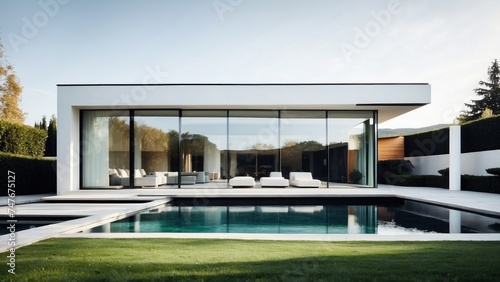 Modern villa with a minimalist exterior, incorporating clean lines and large glass panels © Damian Sobczyk