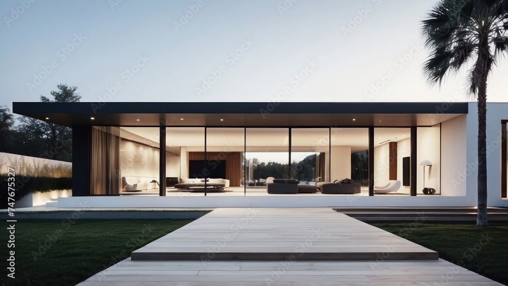 Modern villa with a minimalist exterior, incorporating clean lines and large glass panels