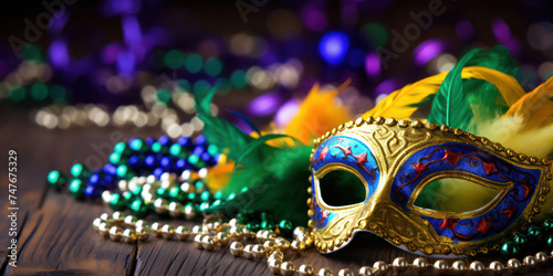 Mardi Gras Masquerade: A Festive Celebration of Mystery and Fun, with Colorful Masks and Glittering Decorations on a Background of Crowned Purple, Gold, and Green.