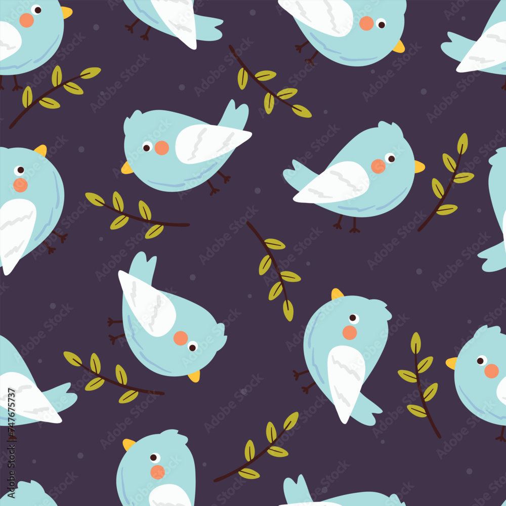 seamless pattern cartoon bird and leaves. cute animal wallpaper illustration for gift wrap paper