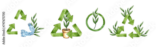 Quadro em tela Set of watercolor illustrations of various garbage recycling signs with green sprouts