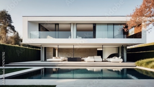 Modern villa with a minimalist exterior, incorporating clean lines and large glass panels