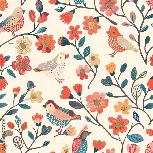 seamless background with cute birds and flowers