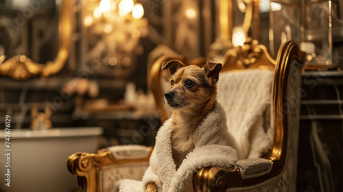 Pampered puppy in luxury. A small dog, wrapped in a towel, sits regal in a luxurious chair among luxurious decor.concept for pet lifestyle, pet care products and exclusive pet services.