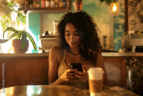 Junge Frau sitzt lächeln in einer Bar und schaut auf ihr Smartphone, Glückliche Latina mit Smartphone photo