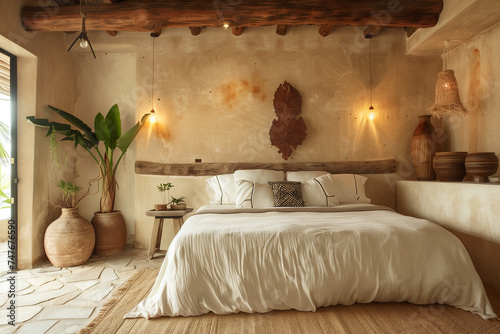 Traditional rustic beedroom in Wabi Sabi style decoration.  photo