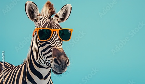 Cooles Zebra mit Sonnenbrille auf hellblauem Hintergrund photo