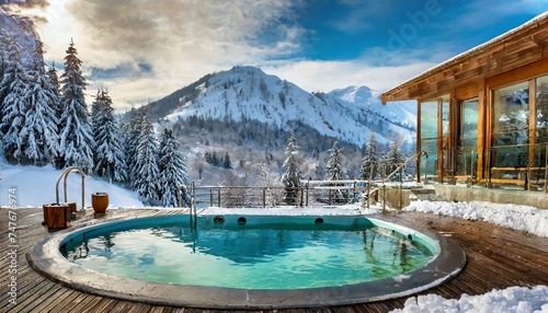ski resort in the mountains. a hot tub with spa near a winter forest with a snow covered mou