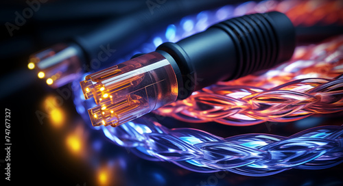 Glasfaserkabel, Leuchtendes Kabel mit leuchtenden Adern, Schnelles Internet durch digitalen Ausbau des Netzes, Abstrakte Darstellung eines Glasfaserkabels
