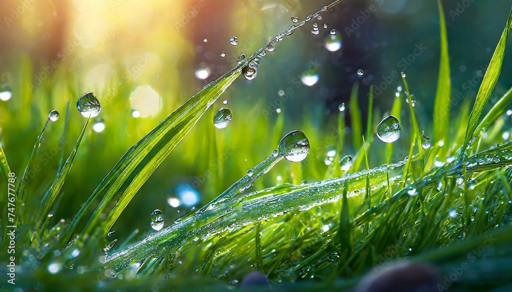 Water splash. Close-up of fresh green grass with drops.
