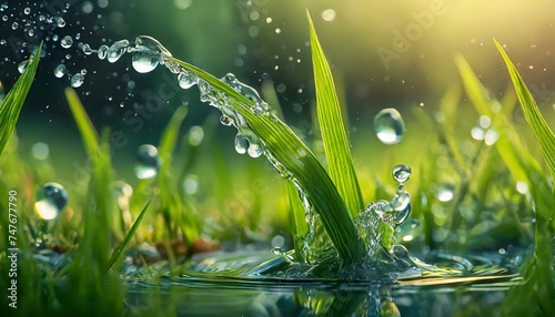 Water splash. Close-up of fresh green grass with drops.