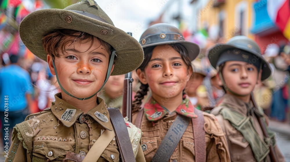 Smiling Children Dressed in Military Uniforms at a Cultural Festival Parade with Colorful Background Smiling Children Dressed in Military Uniforms at a Cultural Festival Parade with Colorful Background