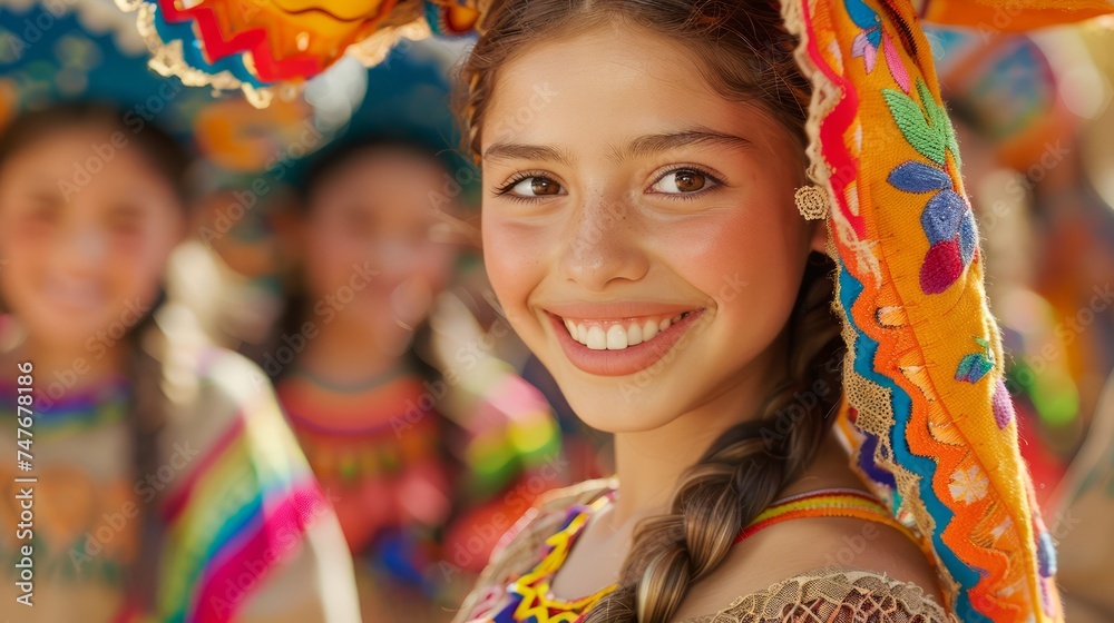 Portrait of a Smiling Young Girl in Traditional Dress at Cultural Festival with Friends Blurred in Background Portrait of a Smiling Young Girl in Traditional Dress at Cultural Festival with Friends Blurred in Background