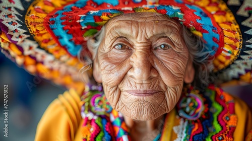 Portrait of Elderly Indigenous Woman with Traditional Colorful Headwear and Embroidered Dress