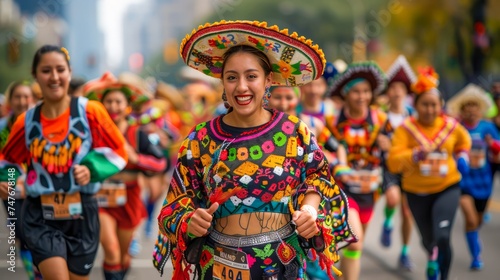 Vibrant Marathon Runners in Colorful Mexican Folk Attire Celebrating Cultural Diversity in an Urban Setting