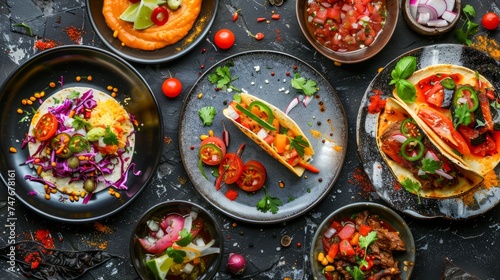 Assorted Mexican Dishes - Tacos, Salsa, Guacamole, Chilli, Rice in Colorful Table Setting, Overhead View