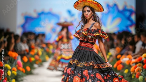 Elegant Model Showcasing Vibrant Traditional Dress on Fashion Runway With Vivid Background