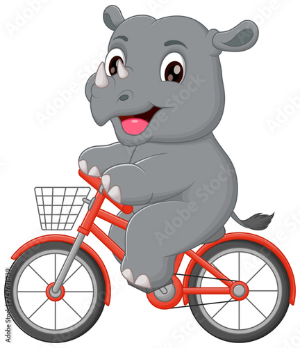 Cute Rhinoceros Riding Bicycle Cartoon Vector Icon Illustration. Animal Sport Icon Concept Isolated Premium Vector