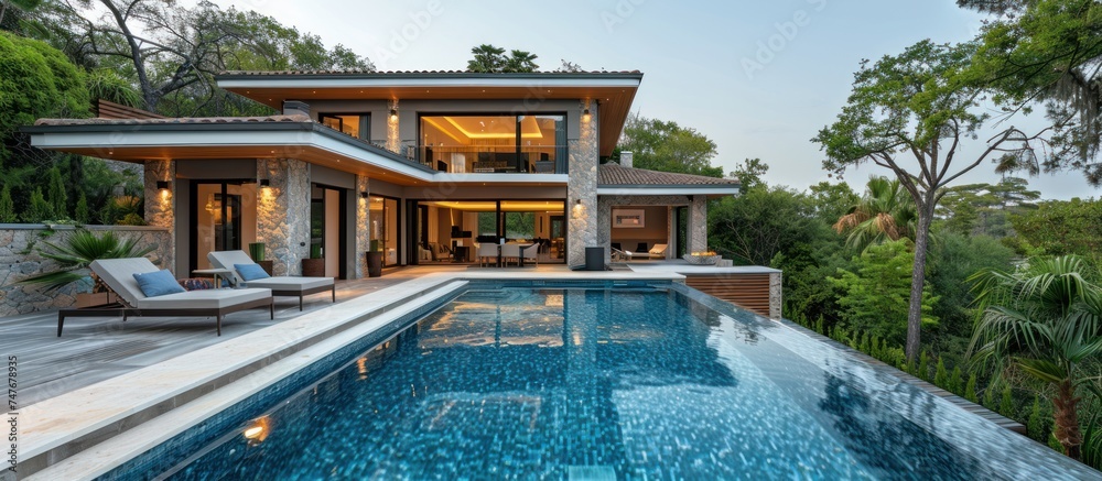 Modern home with swimming pool - obrazy, fototapety, plakaty 