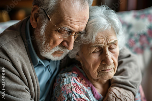 An elderly couple finds comfort in each other as they share a quiet and intimate moment of connection.